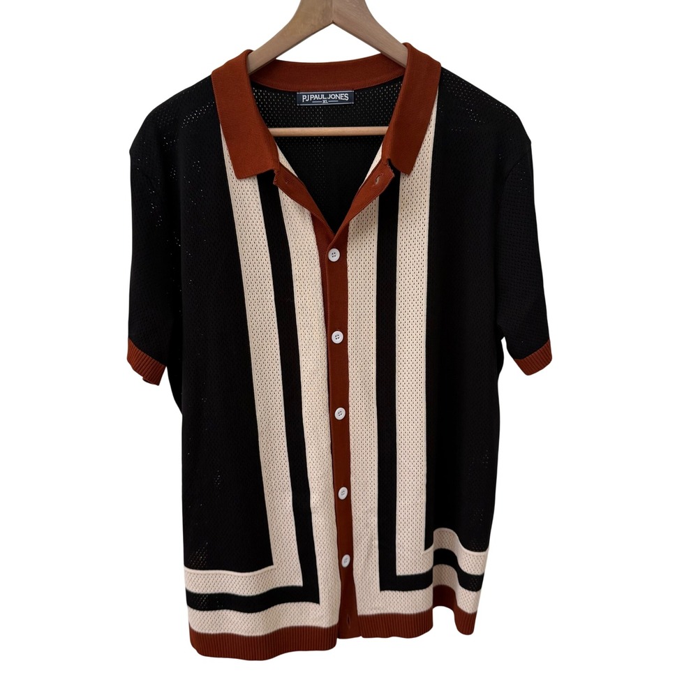 PJ Paul Jones Knit Polo Shirt XL Black Rust Retro Striped Pointelle Button Up
